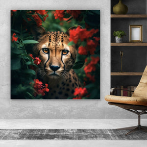 Acrylglasbild Gepard schaut neugierig durch rote Blumen Quadrat