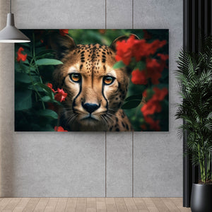 Acrylglasbild Gepard schaut neugierig durch rote Blumen Querformat