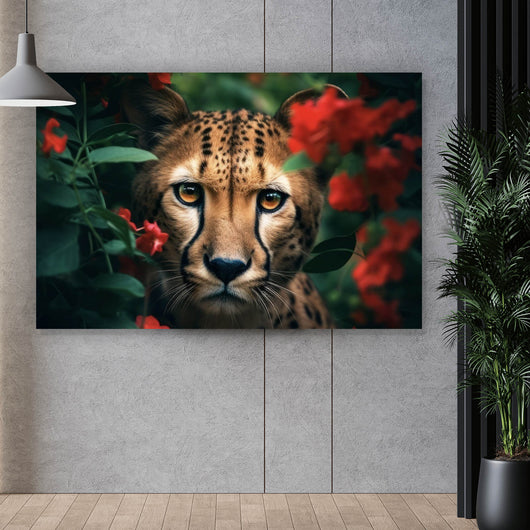 Acrylglasbild Gepard schaut neugierig durch rote Blumen Querformat