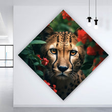 Lade das Bild in den Galerie-Viewer, Acrylglasbild Gepard schaut neugierig durch rote Blumen Raute
