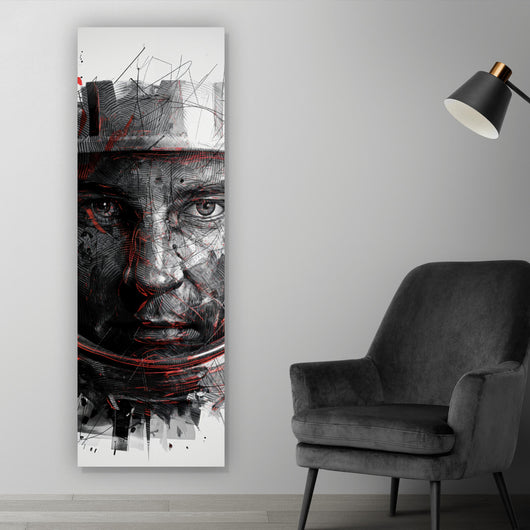 Poster Gesicht mit Helm in abstrakter Kunst dargestellt Panorama Hoch