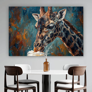 Aluminiumbild gebürstet Giraffe genießt Bier Querformat