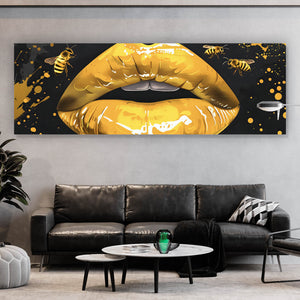 Acrylglasbild Glänzende Honig Lippen mit Bienen Panorama
