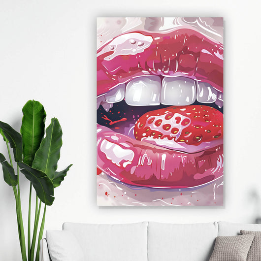 Leinwandbild Glänzende Lippen mit Erdbeere Hochformat