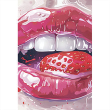Lade das Bild in den Galerie-Viewer, Acrylglasbild Glänzende Lippen mit Erdbeere Hochformat
