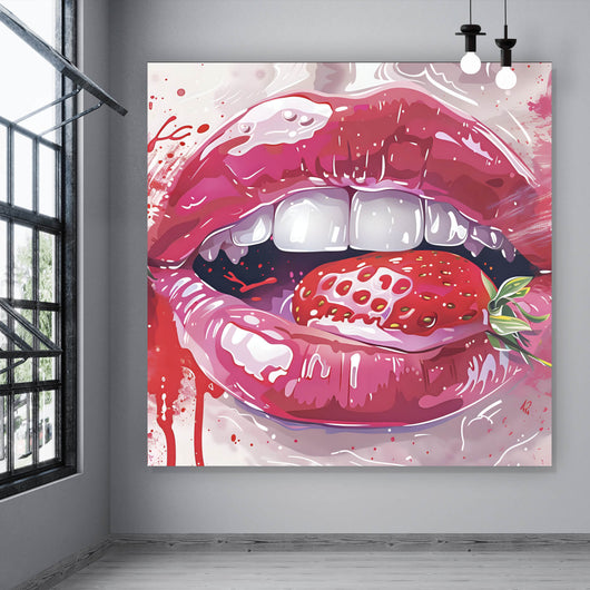 Leinwandbild Glänzende Lippen mit Erdbeere Quadrat