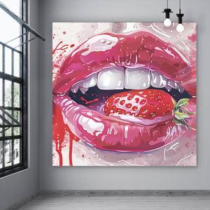 Acrylglasbild Glänzende Lippen mit Erdbeere Quadrat