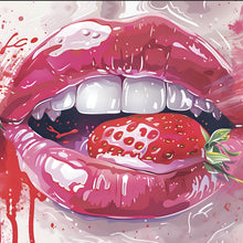 Lade das Bild in den Galerie-Viewer, Aluminiumbild Glänzende Lippen mit Erdbeere Quadrat
