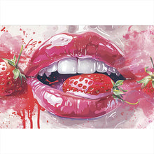 Lade das Bild in den Galerie-Viewer, Acrylglasbild Glänzende Lippen mit Erdbeere Querformat
