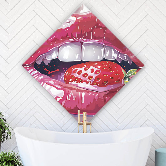 Acrylglasbild Glänzende Lippen mit Erdbeere Raute