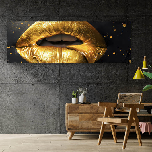 Spannrahmenbild Goldene Honig Lippen mit Bienen Panorama
