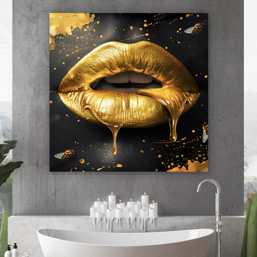 Aluminiumbild gebürstet Goldene Honig Lippen mit Bienen Quadrat
