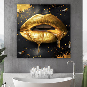 Leinwandbild Goldene Honig Lippen mit Bienen Quadrat