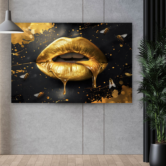 Aluminiumbild gebürstet Goldene Honig Lippen mit Bienen Querformat
