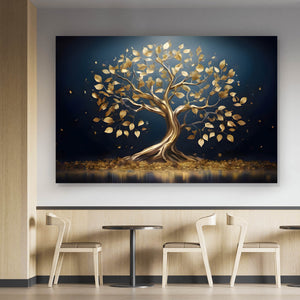 Acrylglasbild Goldener Baum am Wasser Querformat