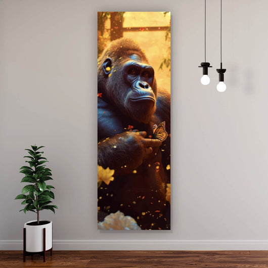 Aluminiumbild Gorilla mit Schmetterling Digital Art Panorama Hoch