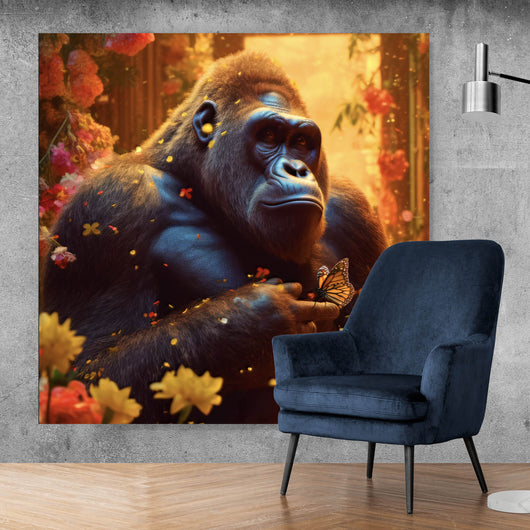 Aluminiumbild Gorilla mit Schmetterling Digital Art Quadrat