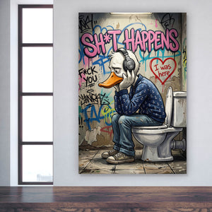 Leinwandbild Graffiti Ente auf der Toilette Hochformat