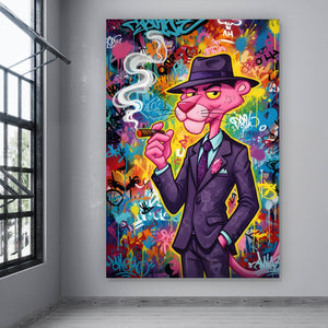 Aluminiumbild gebürstet Graffiti Panther raucht Zigarre Hochformat