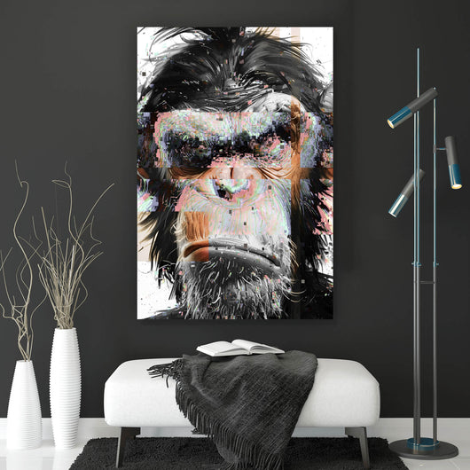 Aluminiumbild gebürstet Grimmiges Affen Portrait Pixel Stil Hochformat