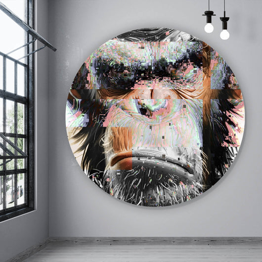 Aluminiumbild gebürstet Grimmiges Affen Portrait Pixel Stil Kreis