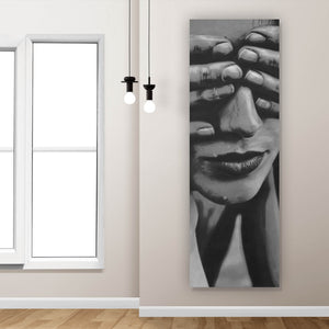 Acrylglasbild Hände verdecken Augen einer Frau Zeichestil Panorama Hoch