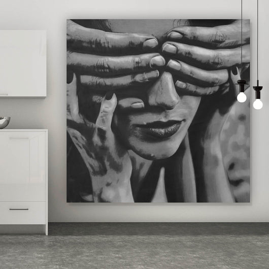 Aluminiumbild Hände verdecken Augen einer Frau Zeichestil Quadrat