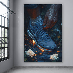 Aluminiumbild Hand bindet Sneaker über leuchtendem Boden Hochformat