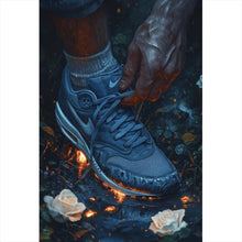 Lade das Bild in den Galerie-Viewer, Leinwandbild Hand bindet Sneaker über leuchtendem Boden Hochformat
