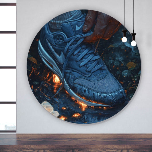 Aluminiumbild Hand bindet Sneaker über leuchtendem Boden Kreis