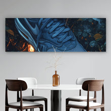 Lade das Bild in den Galerie-Viewer, Acrylglasbild Hand bindet Sneaker über leuchtendem Boden Panorama
