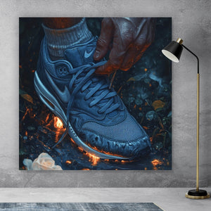 Aluminiumbild Hand bindet Sneaker über leuchtendem Boden Quadrat