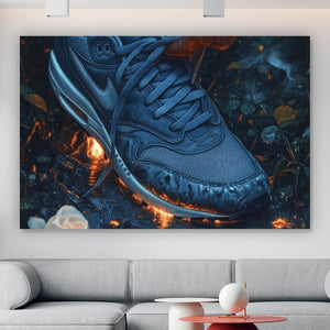 Aluminiumbild Hand bindet Sneaker über leuchtendem Boden Querformat