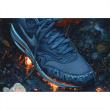Lade das Bild in den Galerie-Viewer, Aluminiumbild Hand bindet Sneaker über leuchtendem Boden Querformat

