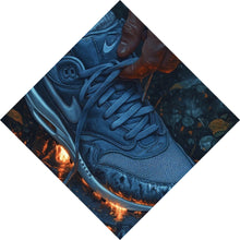 Lade das Bild in den Galerie-Viewer, Aluminiumbild Hand bindet Sneaker über leuchtendem Boden Raute
