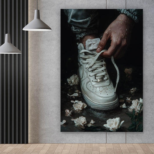 Leinwandbild Hand schnürt stilvollen Schuh im Wasser No.2 Hochformat