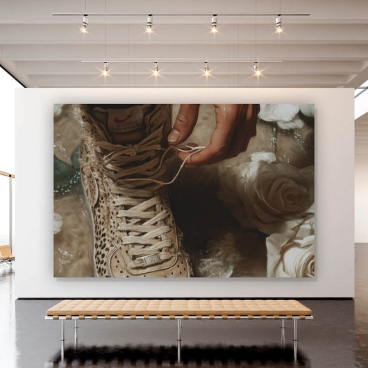 Leinwandbild Hand schnürt stilvollen Schuh im Wasser Querformat