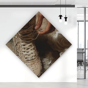 Acrylglasbild Hand schnürt stilvollen Schuh im Wasser Raute