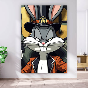 Aluminiumbild gebürstet Hase mit Zylinder und Pistole Hochformat