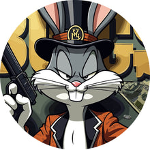 Lade das Bild in den Galerie-Viewer, Aluminiumbild gebürstet Hase mit Zylinder und Pistole Kreis
