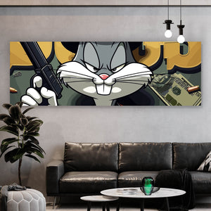 Aluminiumbild gebürstet Hase mit Zylinder und Pistole Panorama