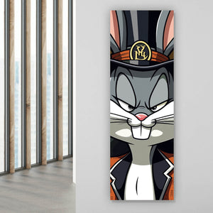 Aluminiumbild Hase mit Zylinder und Pistole Panorama Hoch