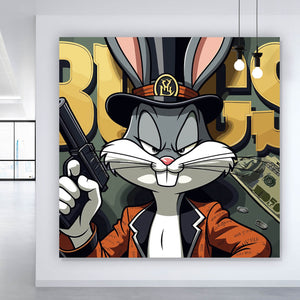 Leinwandbild Hase mit Zylinder und Pistole Quadrat
