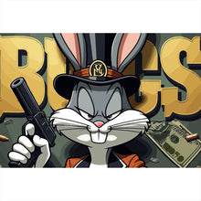 Lade das Bild in den Galerie-Viewer, Leinwandbild Hase mit Zylinder und Pistole Querformat
