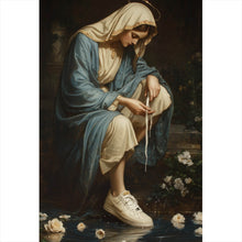 Lade das Bild in den Galerie-Viewer, Aluminiumbild gebürstet Heilige Frau mit Sneaker umgeben von Rosenblüten Hochformat
