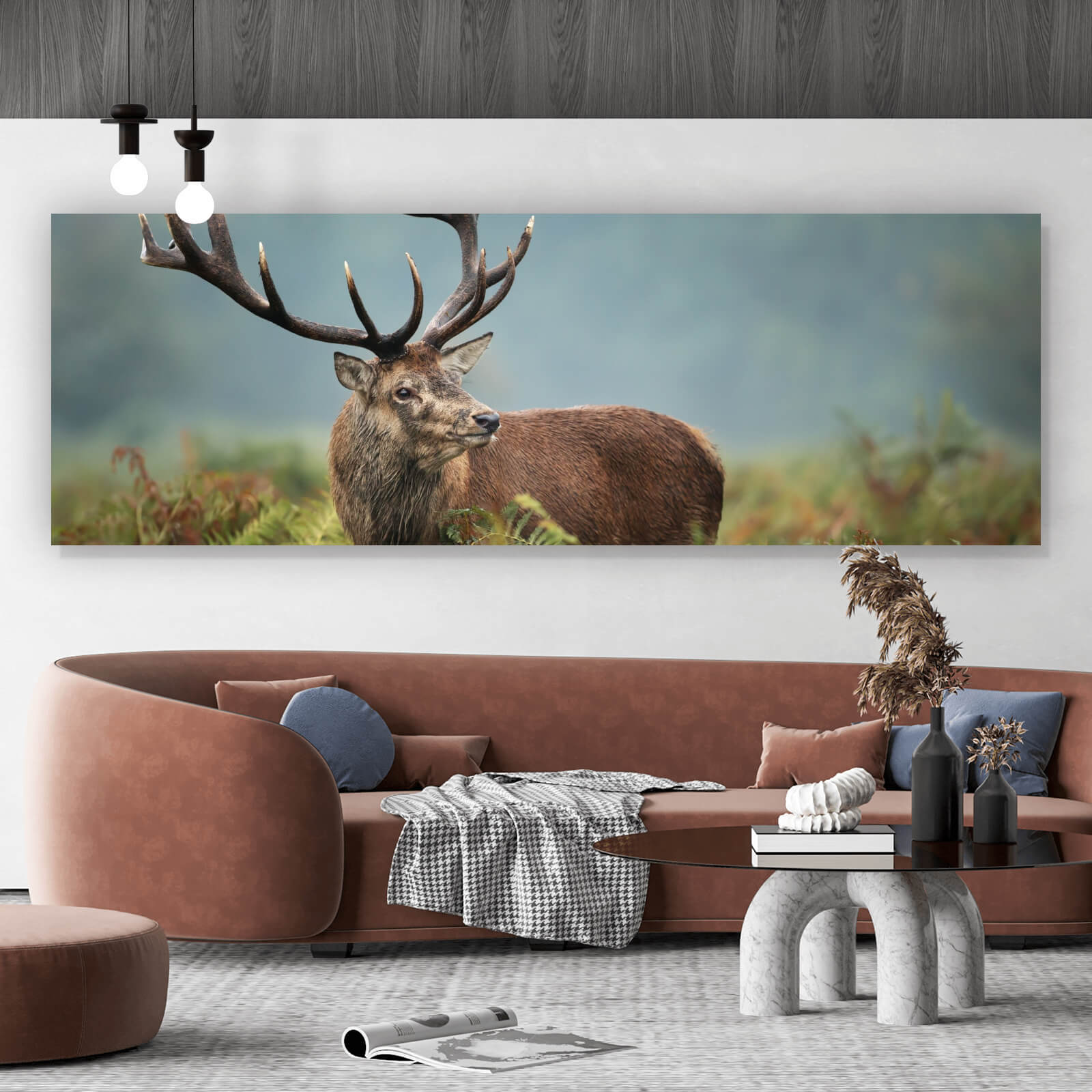 Spannrahmenbild Hirsch im Farn im Panorama, Aufhängefertig &  Versandkostenfrei – Wandguru