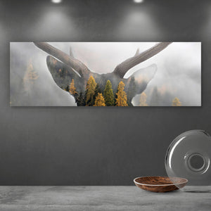 Spannrahmenbild Hirsch Silhouette mit Wald Panorama
