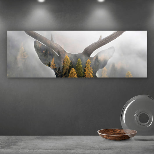 Acrylglasbild Hirsch Silhouette mit Wald Panorama