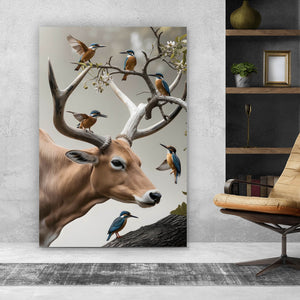 Aluminiumbild gebürstet Hirsch Vögel Kunstwerk Hochformat