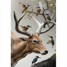 Lade das Bild in den Galerie-Viewer, Acrylglasbild Hirsch Vögel Kunstwerk Hochformat
